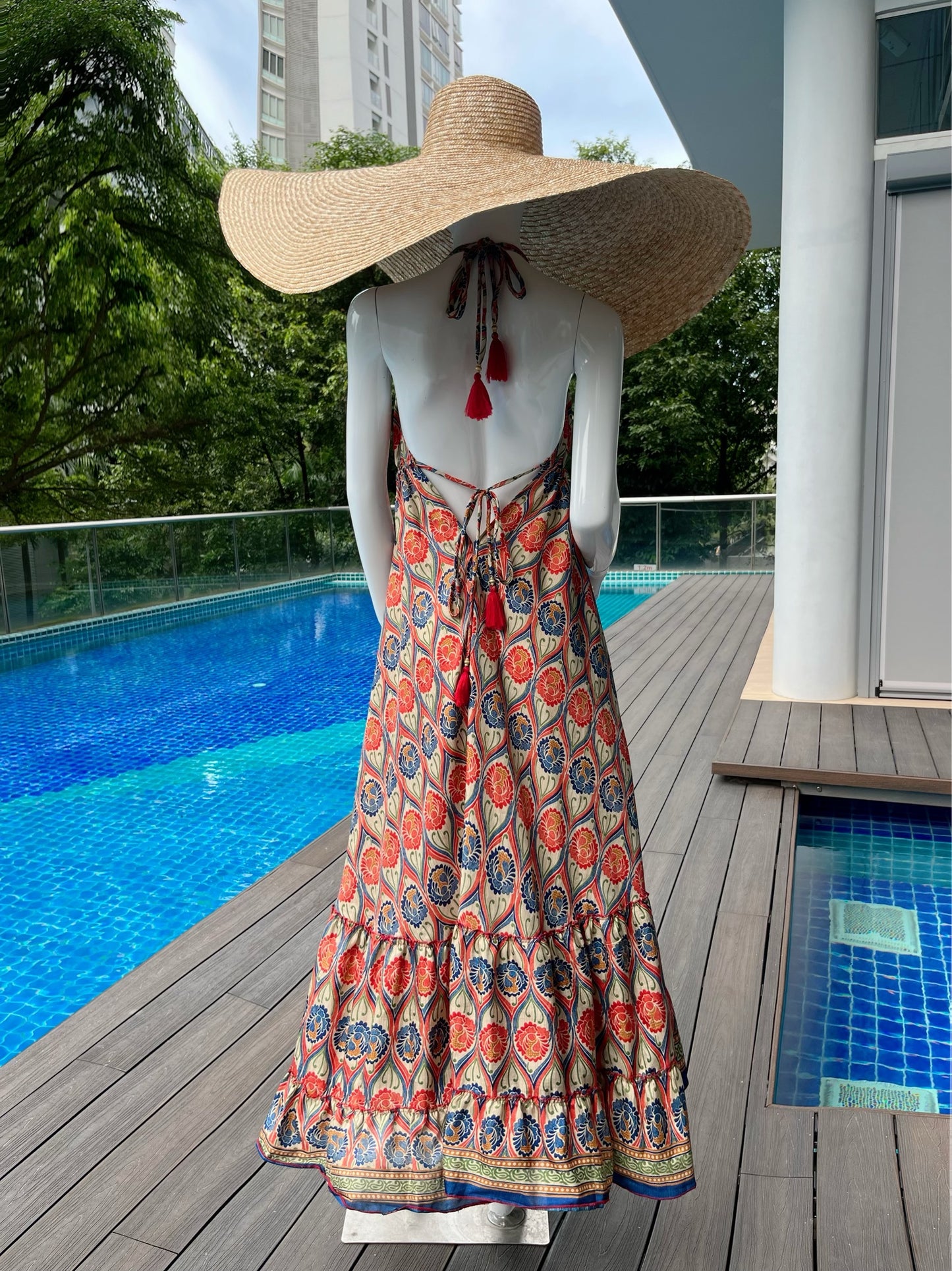 Silk Red Peacock Maxi Dress