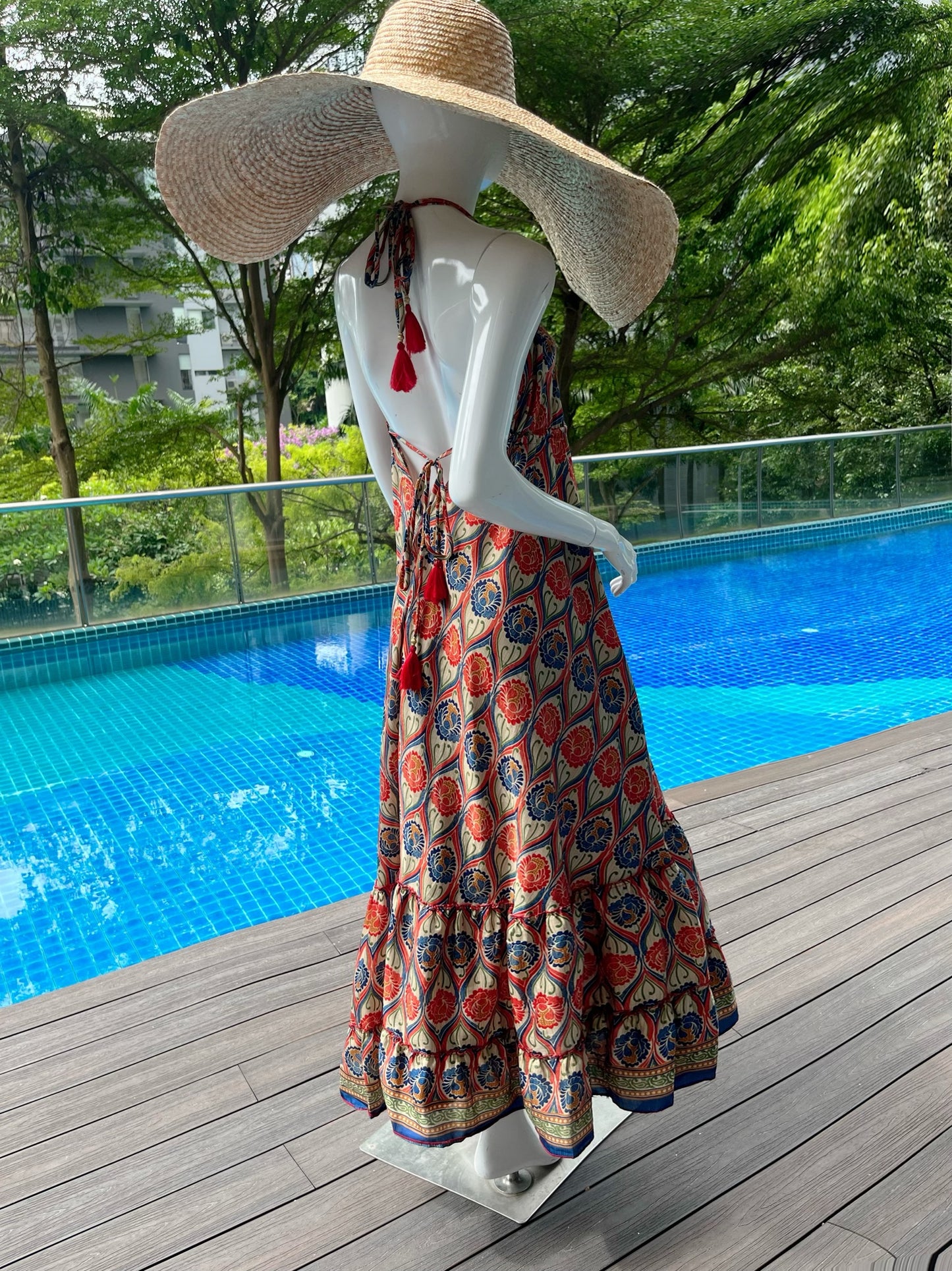 Silk Red Peacock Maxi Dress